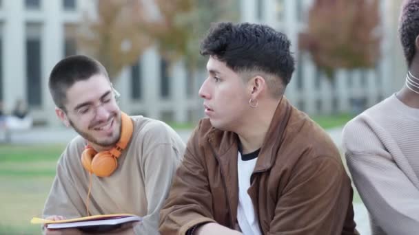 カジュアルな会話 都市公園で話している2人の男 — ストック動画