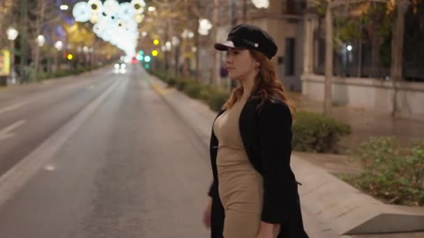 Amerikan Tarafı Siyah Ceketli Açık Kahverengi Elbiseli Caddeden Karşıya Geçen — Stok video