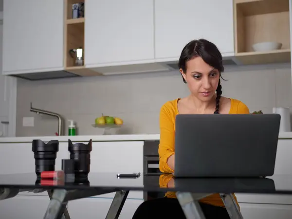 Woman Photographer Working Laptop Stock Image