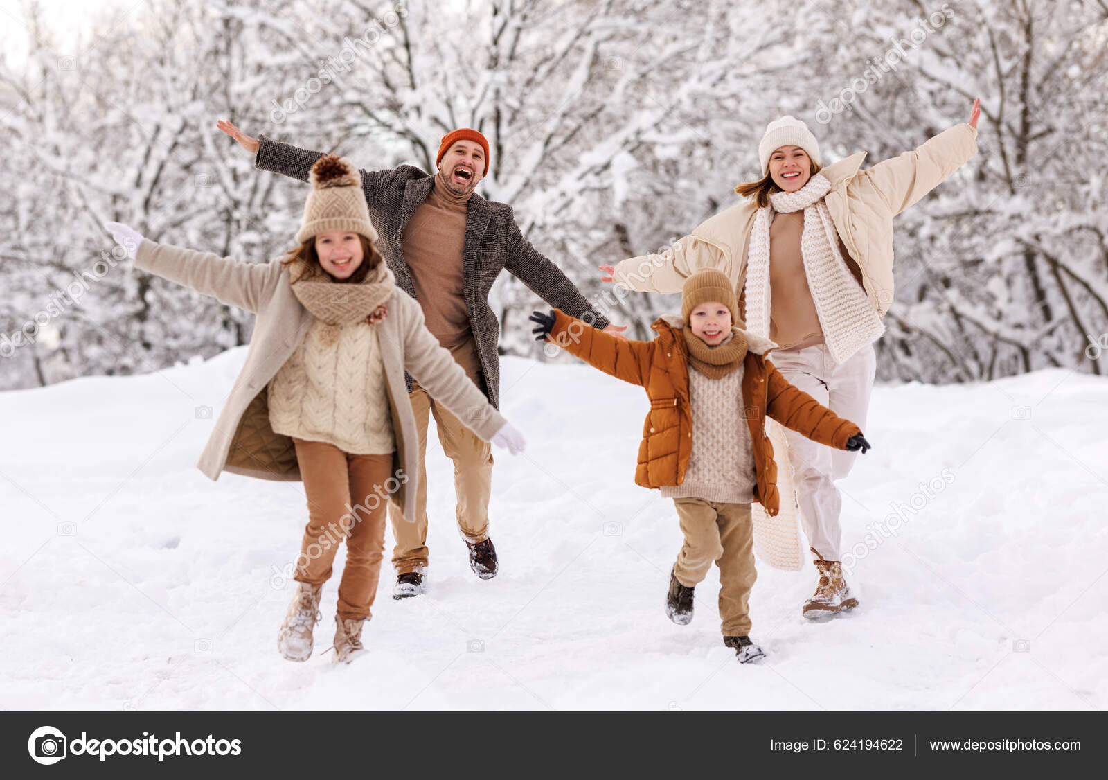 Happy Kids Have Fun Parents Outdoors Winter Park Running