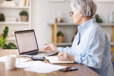 Bilgisayarda çalışan, belgeleri okuyan, notlar alan ve iç işlerinde çalışırken raporları analiz eden orta yaşlı kadın girişimci.