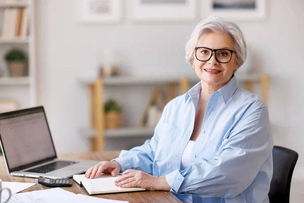 Friendly Mature Female Entrepreneur Working Laptop Home Office Elderly Business — Stock Photo, Image