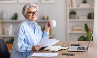 Dizüstü bilgisayarda çalışan, belgeleri okuyan, notlar alan ve iç işlerinde çalışırken raporları analiz eden orta yaşlı kadın girişimci.