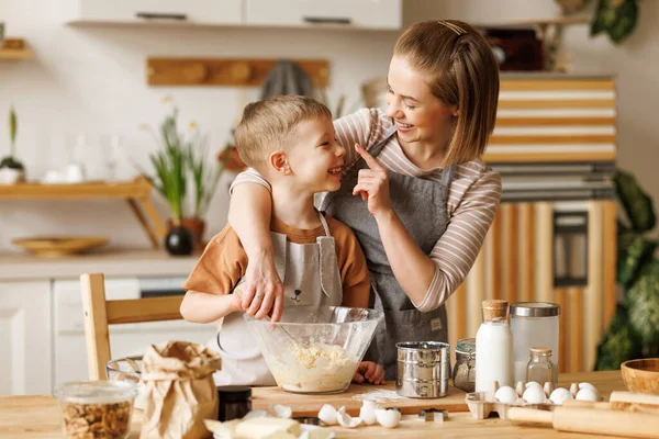 Positive Loving Family Mother Smearing Nose Son Flour While Making — Stock Photo, Image