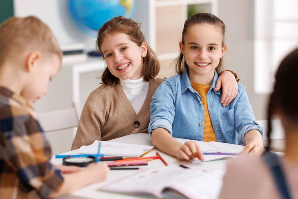 Merry Little Students Friends Kids Girls Smiling Looking Camera While — Stock Photo, Image