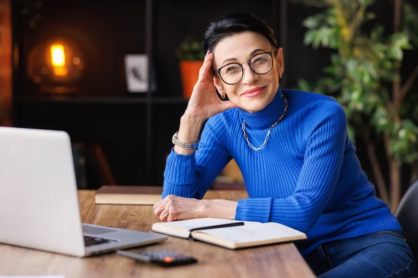 Trendy Middle Aged Woman Blue Turtleneck Glasses Smiling Looking Camera — Stock Photo, Image