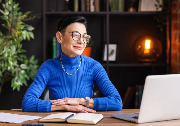 Trendy Middle Aged Woman Blue Turtleneck Glasses Smiling Looking Camera — Stock Photo, Image