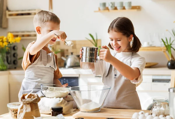 Happy Children Brother Sister Making Dough While Cooking Together Cozy — Fotografia de Stock