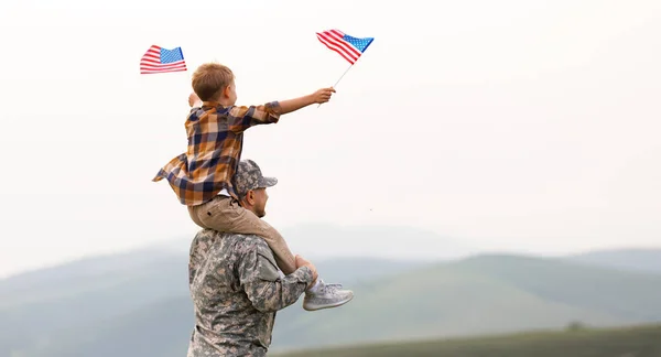 Rear View Military Man Father Carrying Happy Little Son American — Stock Photo, Image
