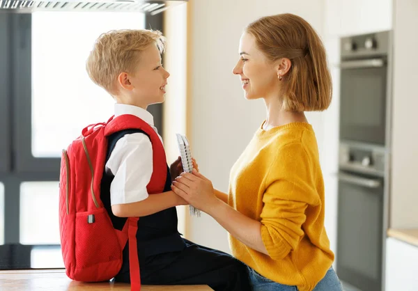 Eerste Schooldag Moeder Geeft Notitieboekjes Aan Haar Gelukkige Zoon Tijdens — Stockfoto