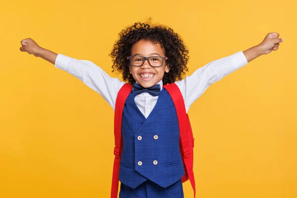 Excited African American Boy School Uniform Glasses Raising Arm Smiling — Stock Photo, Image