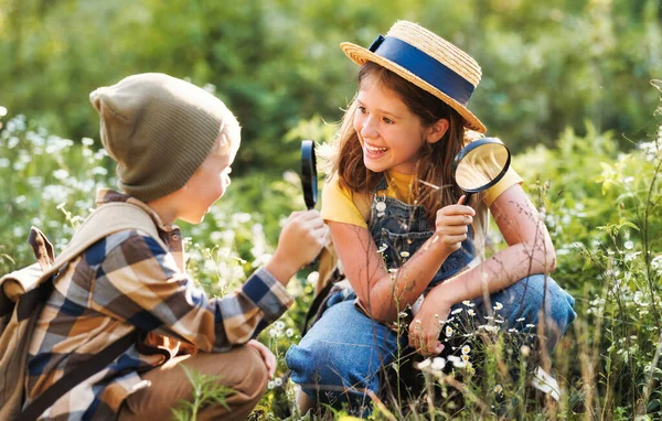 在室外生态学课上 两个背着背包的小男孩和小女孩通过放大镜观察植物 在阳光明媚的日子探索森林自然和环境 — 图库照片