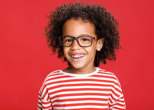 Delighted African American Boy Schoolkid Student Laughs Camera While Having — Stock Photo, Image
