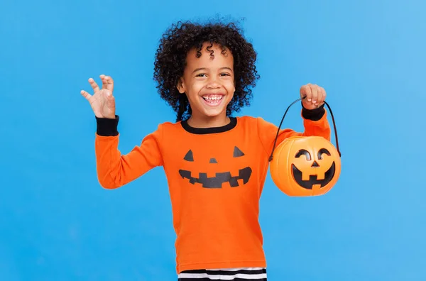 Happy Cheerful African American Boy Curly Hair Pumpkin Costume Scary — Stock Photo, Image