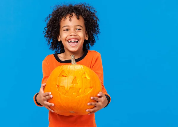 Happy Cheerful African American Boy Curly Hair Pumpkin Costume Celebrates — Stock Photo, Image