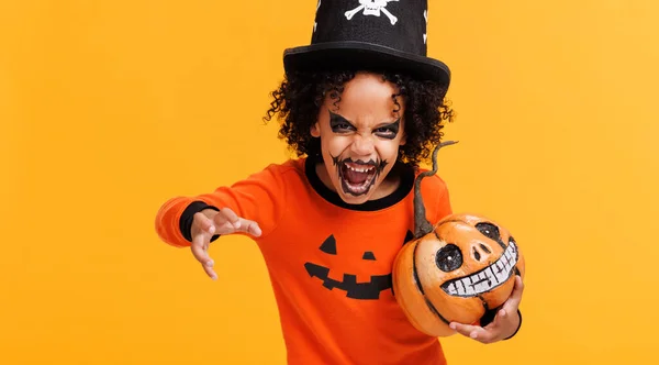Happy Cheerful African American Boy Curly Hair Pumpkin Costume Terrible — Stock Photo, Image