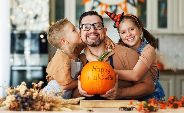 Happy Family Children Hugging Kising Father Pumpkin Inscription Happy Halloween Stock Photo