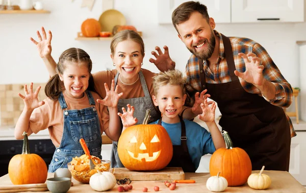 Happy Family Mother Father Children Smiling Camera Scary Gesture While Stock Image