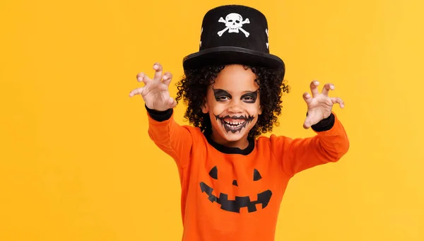 Happy Cheerful African American Boy Curly Hair Pumpkin Costume Terrible Stock Picture