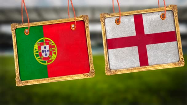 Wiszące Zdjęcie Drewniana Rama Portugalii Flagi Anglii Półfinały Mecz Piłki — Wideo stockowe