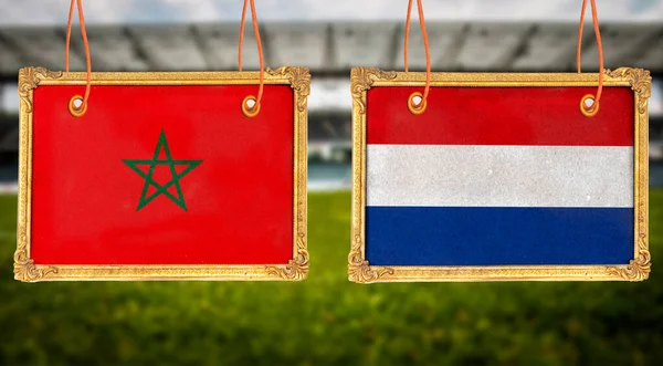 Függeszthető Kép Keret Marokkó Franciaország Zászlók Elődöntő Labdarúgó Mérkőzés — Stock Fotó