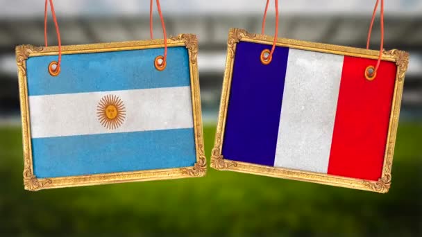 Opknoping Foto Houten Frame Met Frankrijk Argentinië Vlaggen Finale Voetbalwedstrijd — Stockvideo