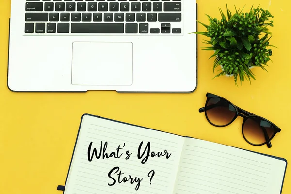 What Your Story Concept Notebook Desktop Laptop Plant Pot Sunglasses — Stock Photo, Image