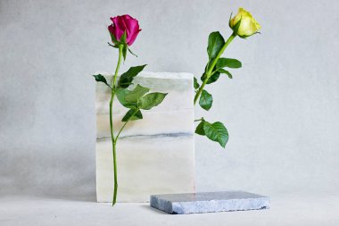 Mermer kürsünün yanındaki pembe ve sarı güller ya da taş güzellik. Ürün tanıtımı Güzellik kozmetik vitrini