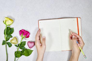 Pembe ve sarı güller, çiçekler, parıldayan kalpler, elinde kalem tutan kadın, boş defter.