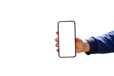 Smartphone kullanan adam. Grafik görüntüleme için boş ekran cep telefonu. ağ hizmetleri