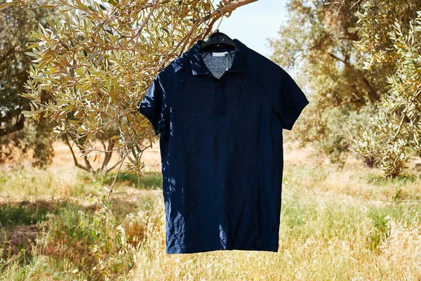 Lado Dianteiro Camiseta Algodão Azul Macho Cabide Azeitonas Shirt Sem — Fotografia de Stock