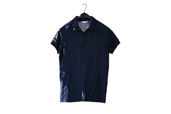 Przód Męskiej Niebieskiej Bawełnianej Koszulki Odizolowanej Biało Shirt Bez Nadruku — Zdjęcie stockowe