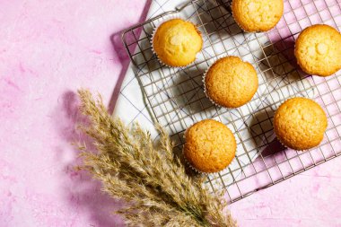 Kağıt bardaklarda vanilyalı karamelli fındıklı çörekler Pembe grunge arka planda ızgaralar