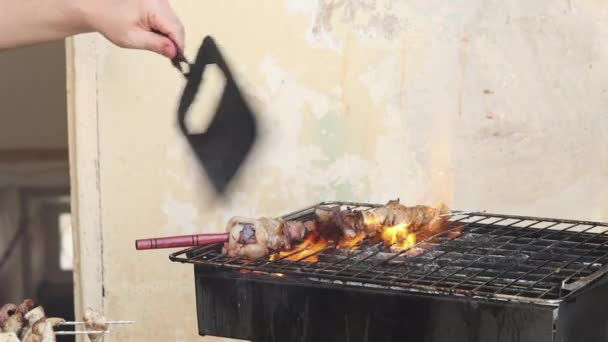 Saftige Fleischsteaks Mit Gewürzen Und Kräutern Glühenden Holzkohlen Auf Grillrost — Stockvideo