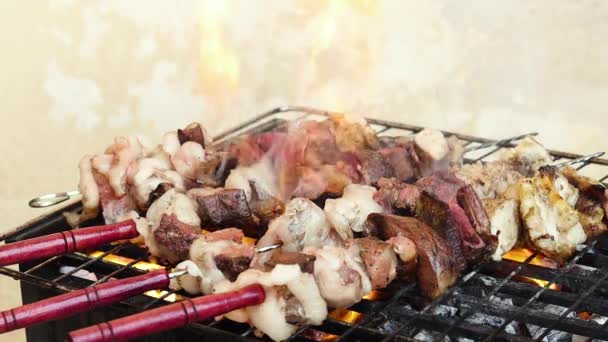 Saftige Fleischsteaks Mit Gewürzen Und Kräutern Glühenden Holzkohlen Auf Grillrost — Stockvideo