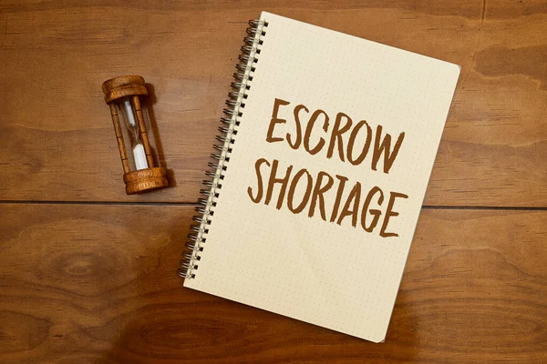 Entrada Escrow Shortage Foi Feita Caderno Com Ampulheta Mesa Madeira — Fotografia de Stock