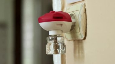 Kadın prizdeki elektrikli sıvı sivrisinek kovucuyu yakın plandan çıkar.