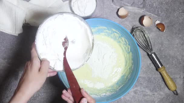 Flat Lay Mixing Ingredients Glass Mixing Bowl Make Homemade Flatbread — Stock Video