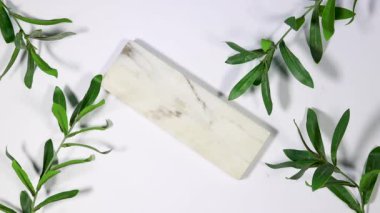 Kadın eli yuvarlak kadın gözlüklerini mermer kaplama üzerine taze yeşil Ruscus koyarak 