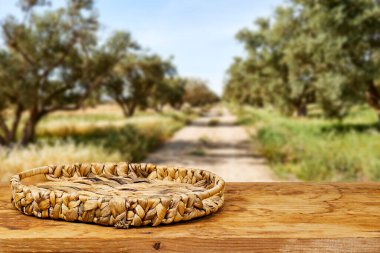 Boş Esparto yarım tabağı ahşap masaya, bulanık zeytin tarlasının yanında modern masa örtüsü. Mutfak tasarım ve ürün gösterimi için hazırlandı