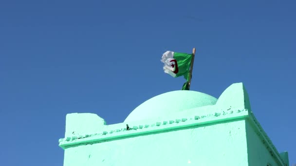 Algeria National Flag Cloth Fabric Waving Sky Old Historic Mausoleum — Stock Video