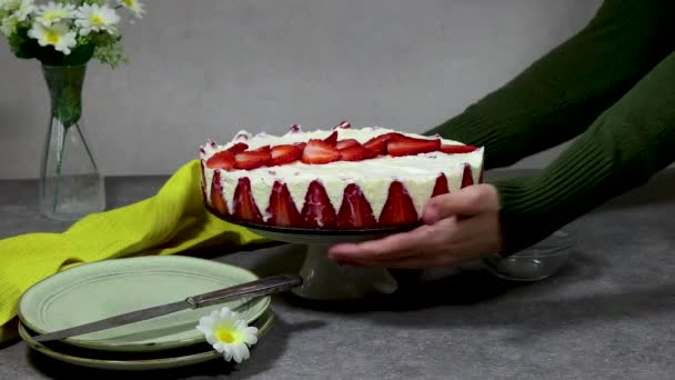 Woman Take Out Strawberry Cake Fraisier Grunge Gray Table — Stock Video