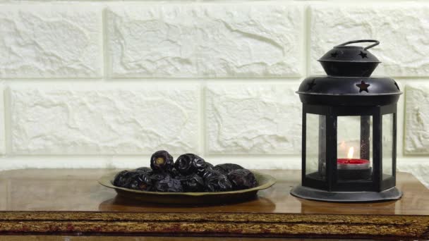 Concept Holy Month Ramadan Classic Lantern Candle Dates Fruits Wood — Stock Video