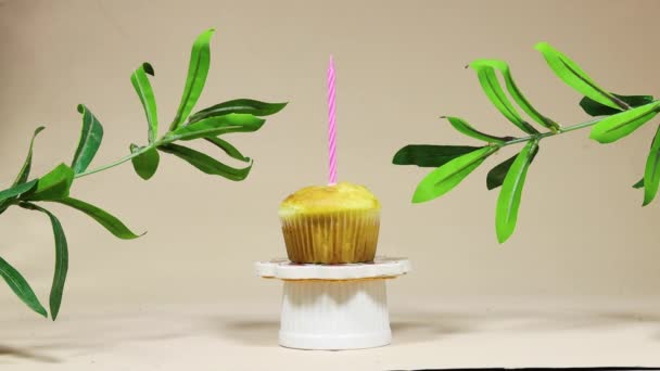 Mulher Mão Acendendo Uma Vela Aniversário Cupcake Madeleine Acima Pódio — Vídeo de Stock