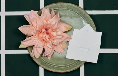 Arkaplanda boş kağıt seramik plaka bulunan beyaz zarflı yıldız çiçeği.