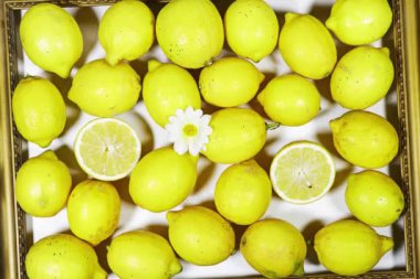 Altın desenli çerçeveli papatya çiçekli taze limon fotoğrafı.