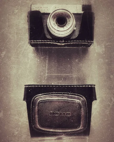 Vieja Cámara Fotos Soviética Smena Con Una Caja Cuero Negro — Foto de Stock