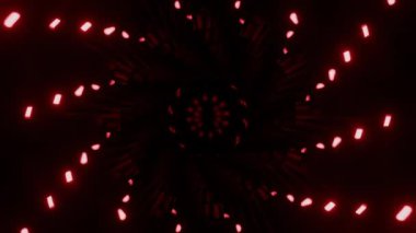 Parlayan noktalar koyu arkaplanda spiral şeklinde döner. Tasarım. Karanlıkta dönen neon noktalı teknolojik spiral. Neon lambaları karanlıkta spiraller halinde hareket eder.. 