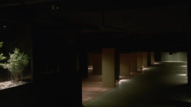 Konut binasındaki modern park alanı kompleksi. Stok görüntüleri. Binanın içindeki pahalı park alanının modern tasarımı. Pahalı iç tasarımı olan kapalı otopark kompleksi. 