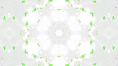 Çiçeksel kaleydoskopik desenli renkli animasyon. Hareket. Beyaz arka planda psikedelik desenlerde renkli çiçek desenleri var. Renkli desenlere ve beyaz arkaplana sahip kaleydoskop. 